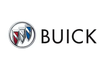 The image displays the Buick logo, with three overlapping shields in red, silver, and blue within a silver circle. The word BUICK is boldly written to the right of the emblem. Perfect for promoting a Miami locksmith offering car key replacement services on a sleek white backdrop.